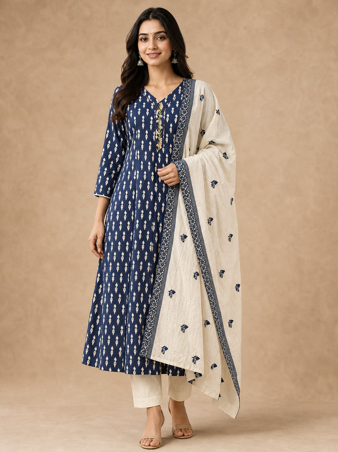 Elegant Navy Blue Ikkat Print Pure Cotton Straight Kurta Set with Dupatta - Image 1