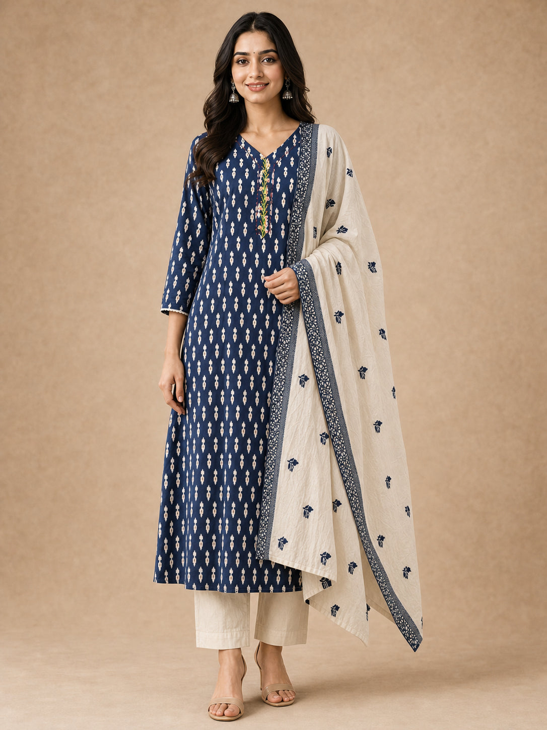 Elegant Navy Blue Ikkat Print Pure Cotton Straight Kurta Set with Dupatta - Image 2