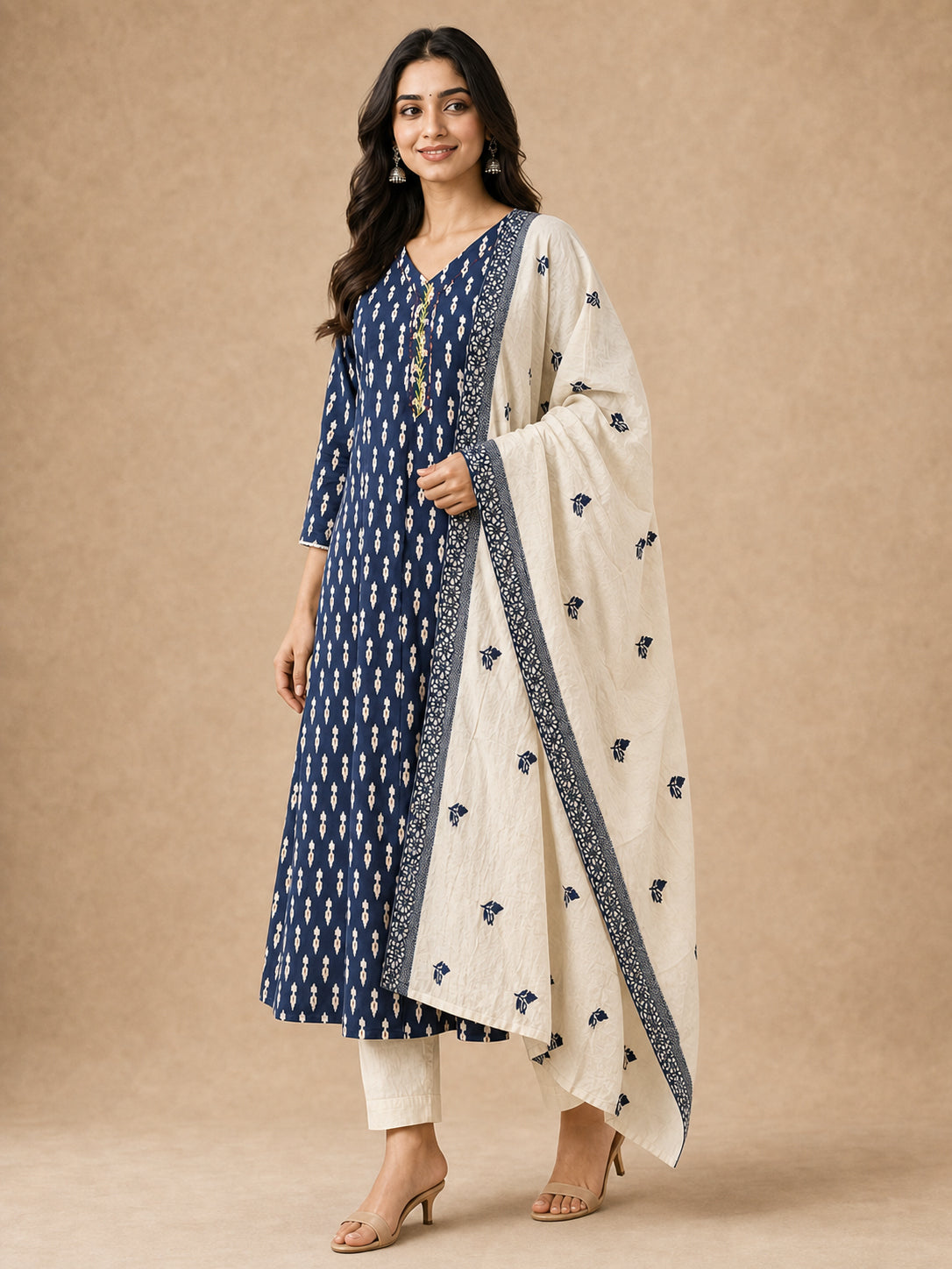 Elegant Navy Blue Ikkat Print Pure Cotton Straight Kurta Set with Dupatta - Image 3