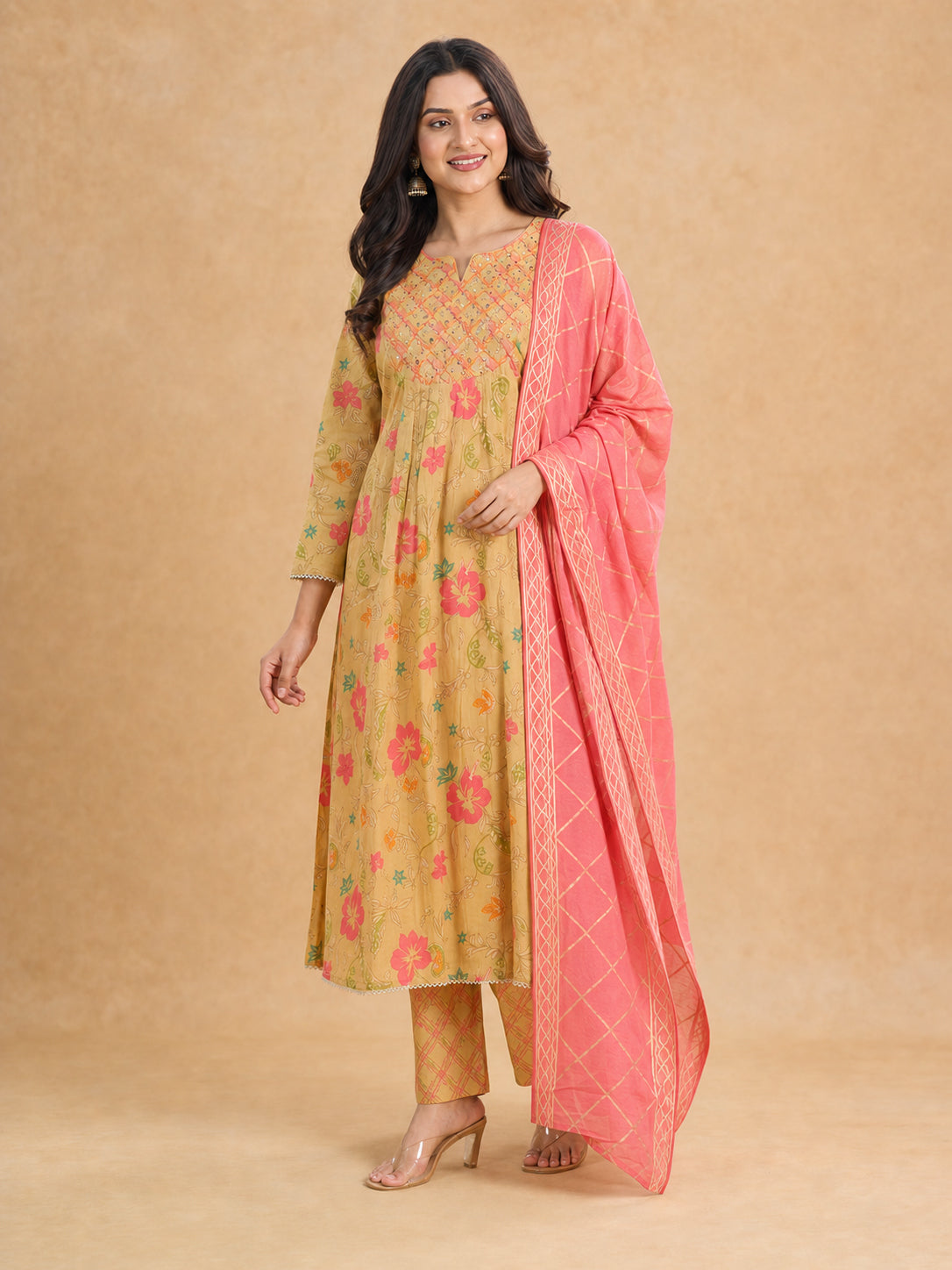 Mustard Floral Printed Mul Cotton Salwar Suit Set - Image 3