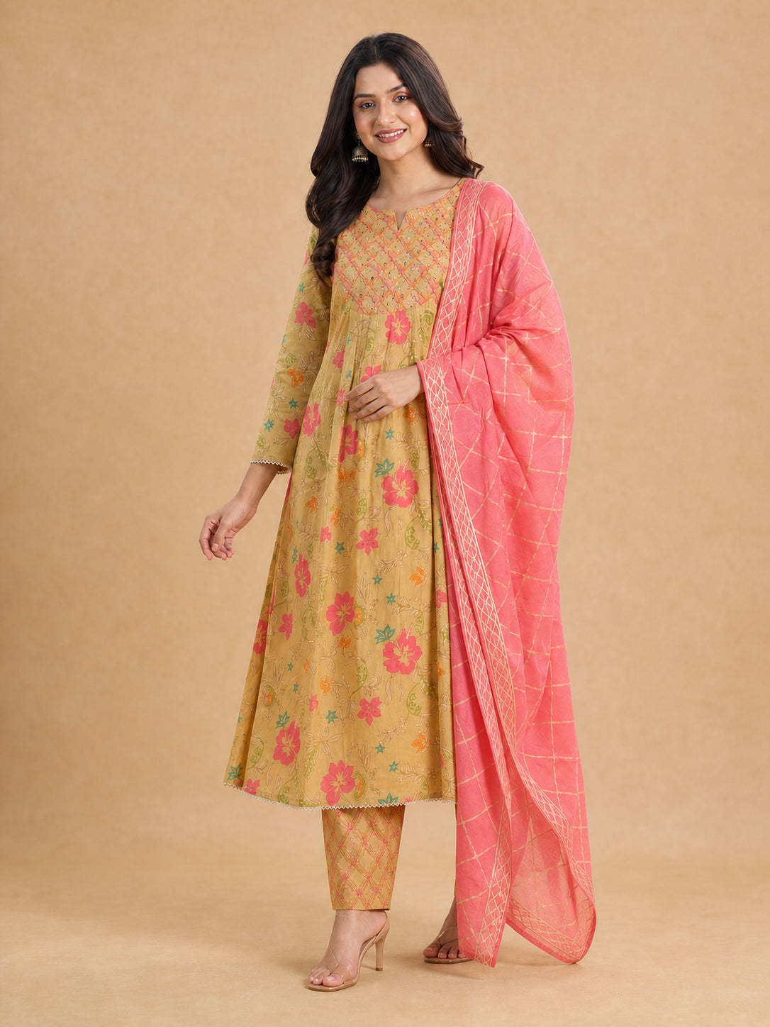 Mustard Floral Printed Mul Cotton Salwar Suit Set - Image 4