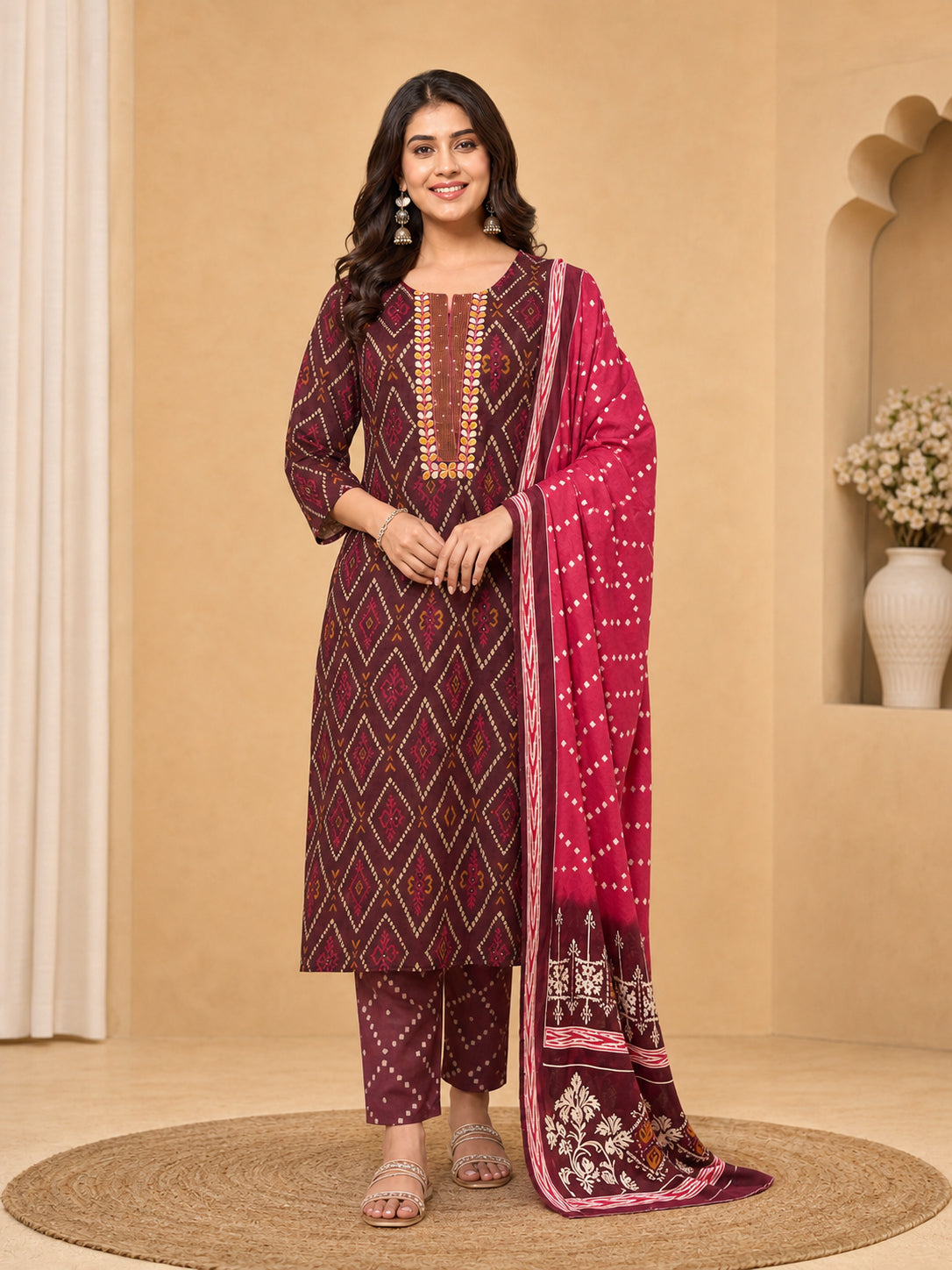 Peachmode Maroon Pure Cotton Geometric Printed Salwar Suit - Image 7