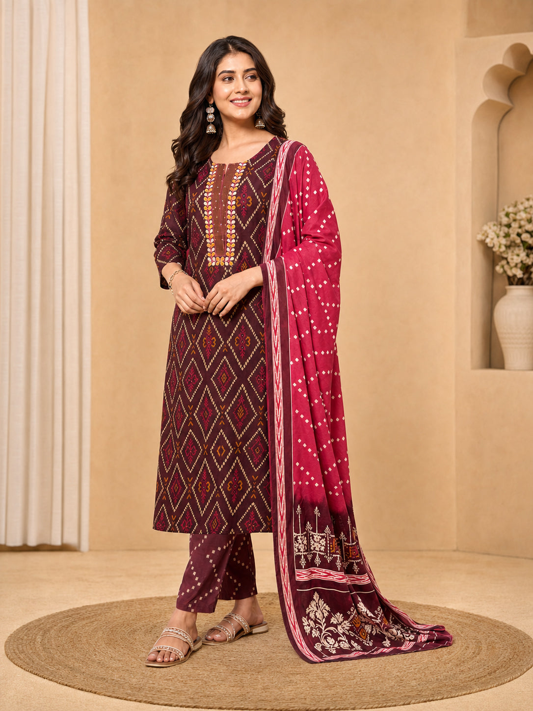 Peachmode Maroon Pure Cotton Geometric Printed Salwar Suit - Image 8