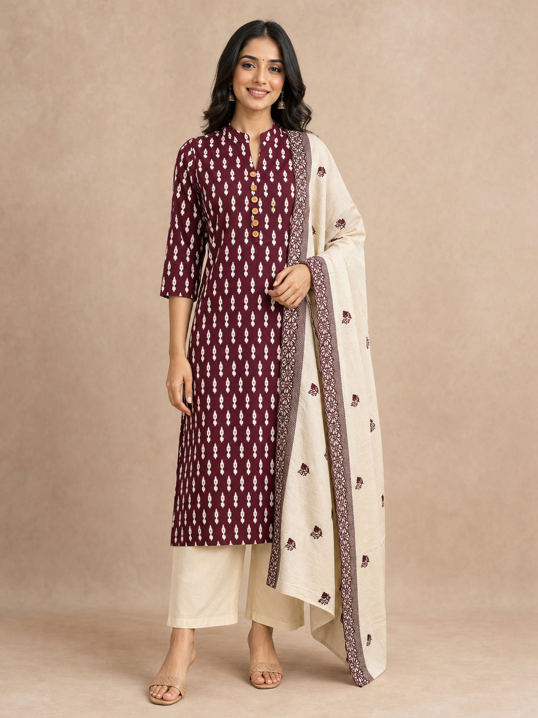 Wine Ikkat Print Pure Cotton Straight Cut Salwar Suit - Image 1