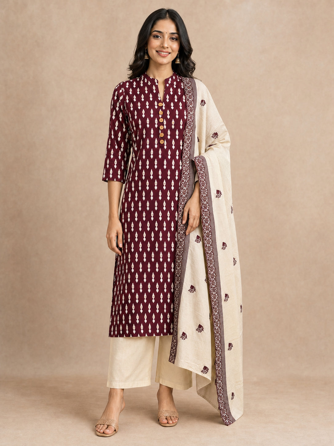 Wine Ikkat Print Pure Cotton Straight Cut Salwar Suit - Image 2