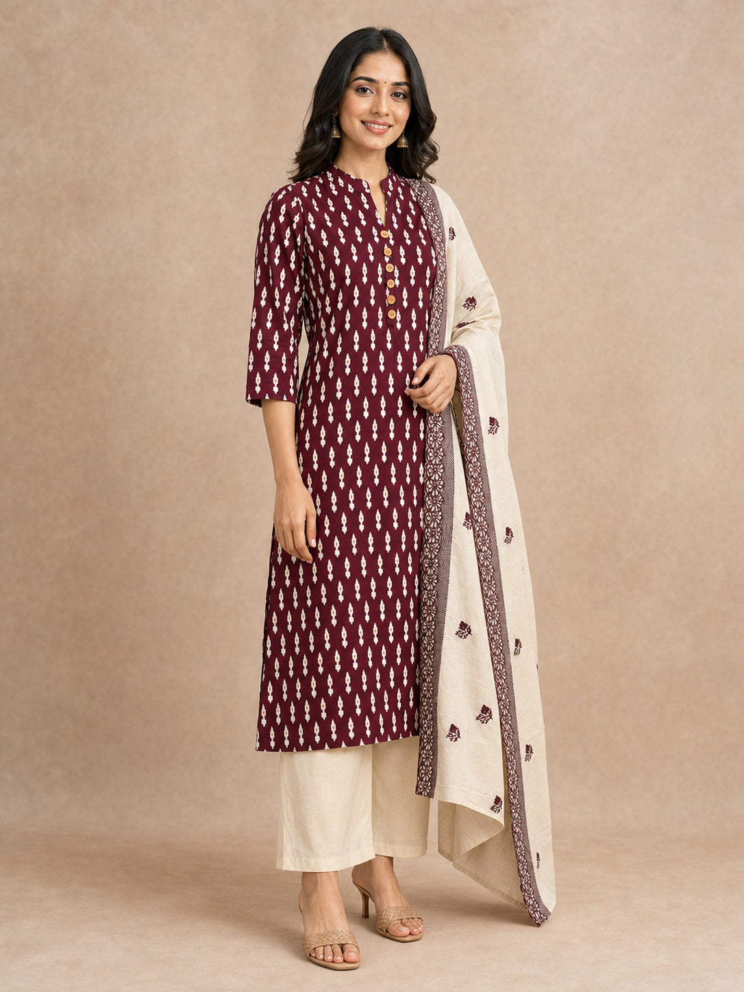 Wine Ikkat Print Pure Cotton Straight Cut Salwar Suit - Image 4