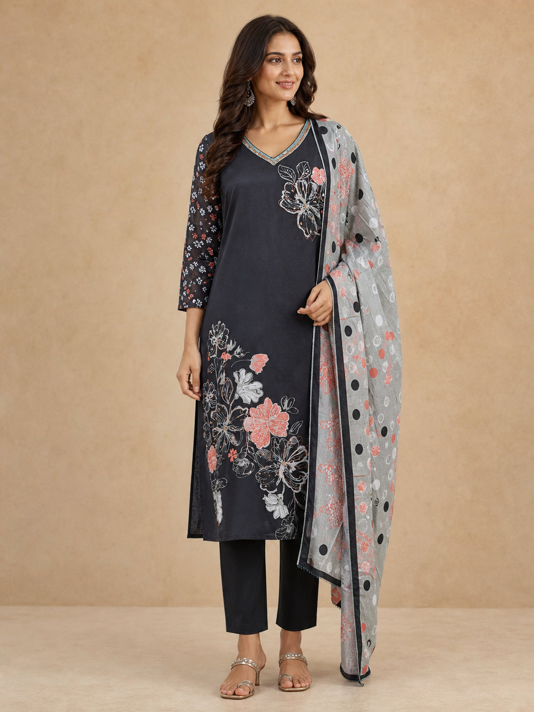 Peachmode Black Muslin Salwar Suit - Image 1