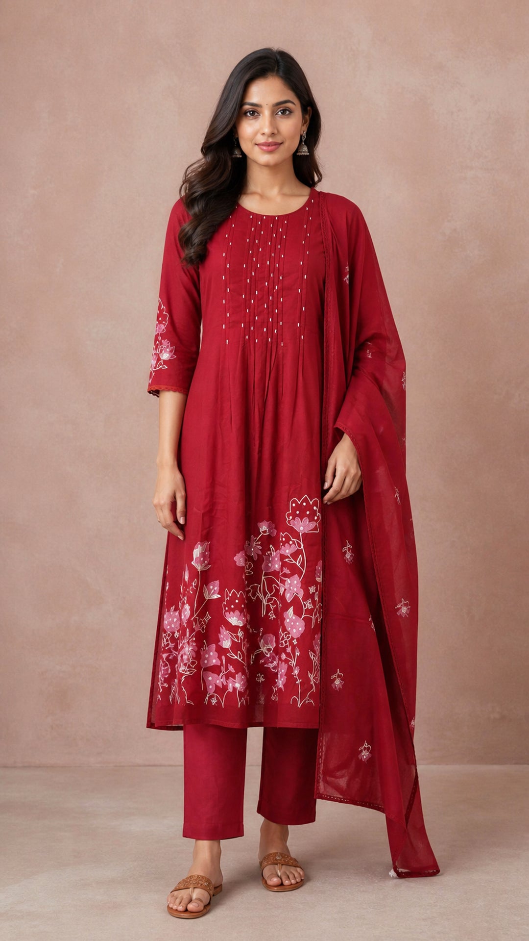 Maroon Pure Cotton Floral Embroidered Salwar Suit Set - Image 7