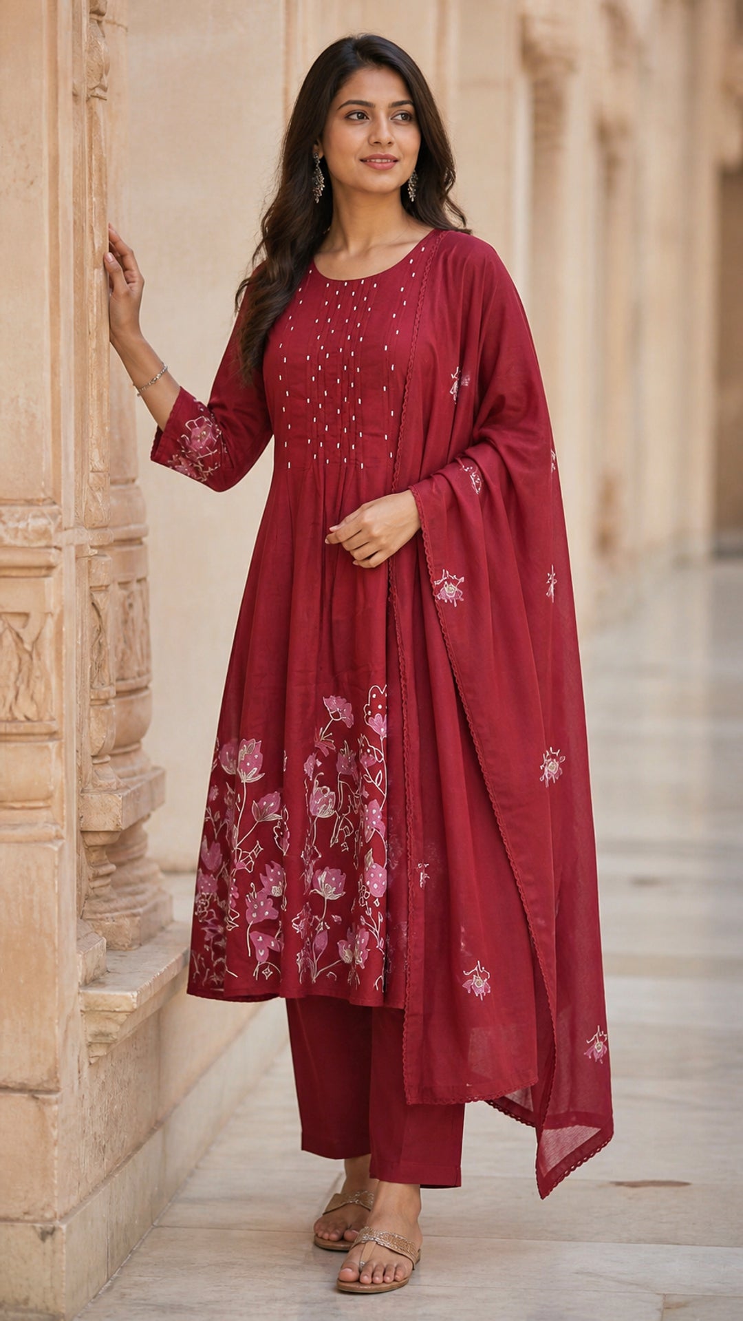Maroon Pure Cotton Floral Embroidered Salwar Suit Set - Image 8