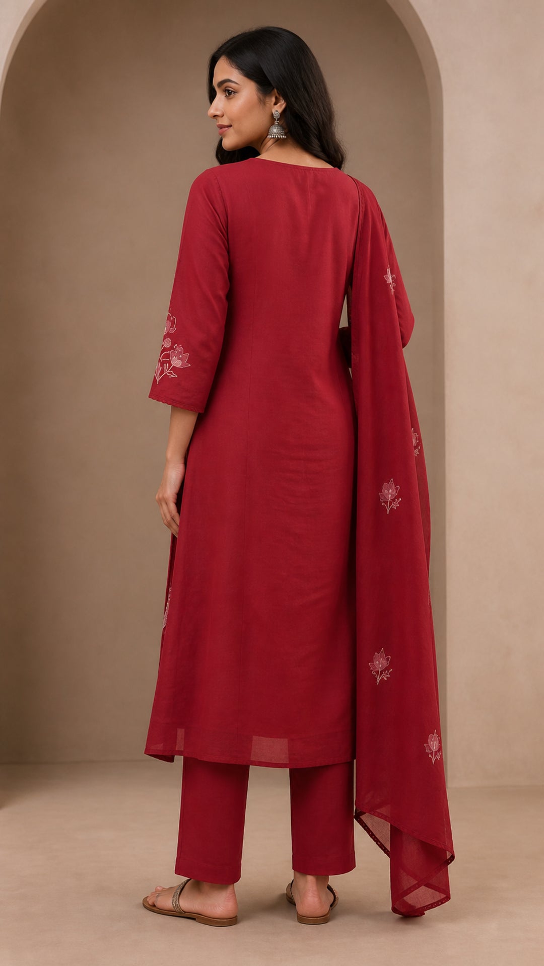 Maroon Pure Cotton Floral Embroidered Salwar Suit Set - Image 9