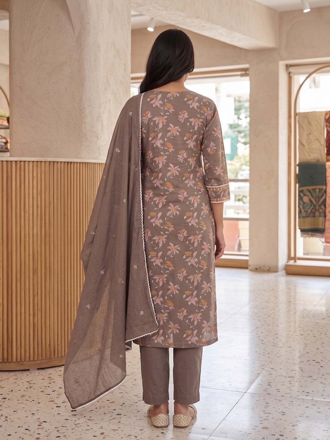 Coffee Pure Cotton Floral Printed and Embroidered Salwar Suit Set - Image 4