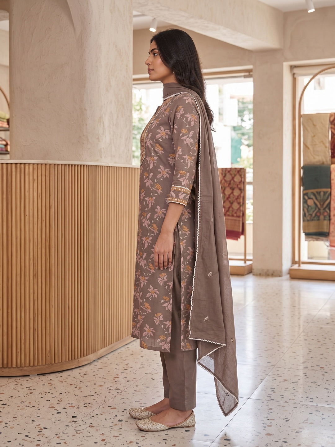 Coffee Pure Cotton Floral Printed and Embroidered Salwar Suit Set - Image 5