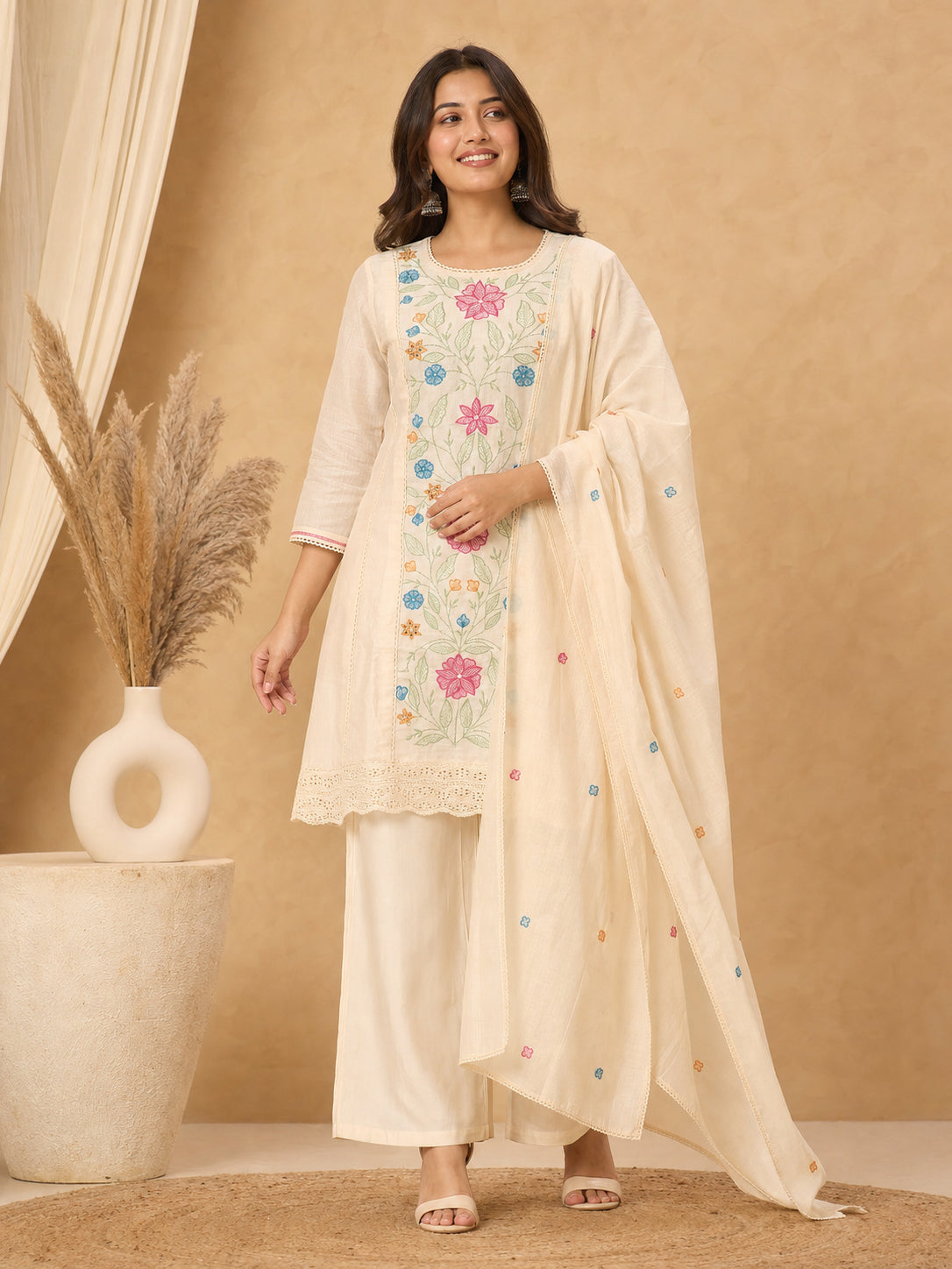 Peachmode Cream Chanderi Floral Embroidered Salwar Suit - Image 1