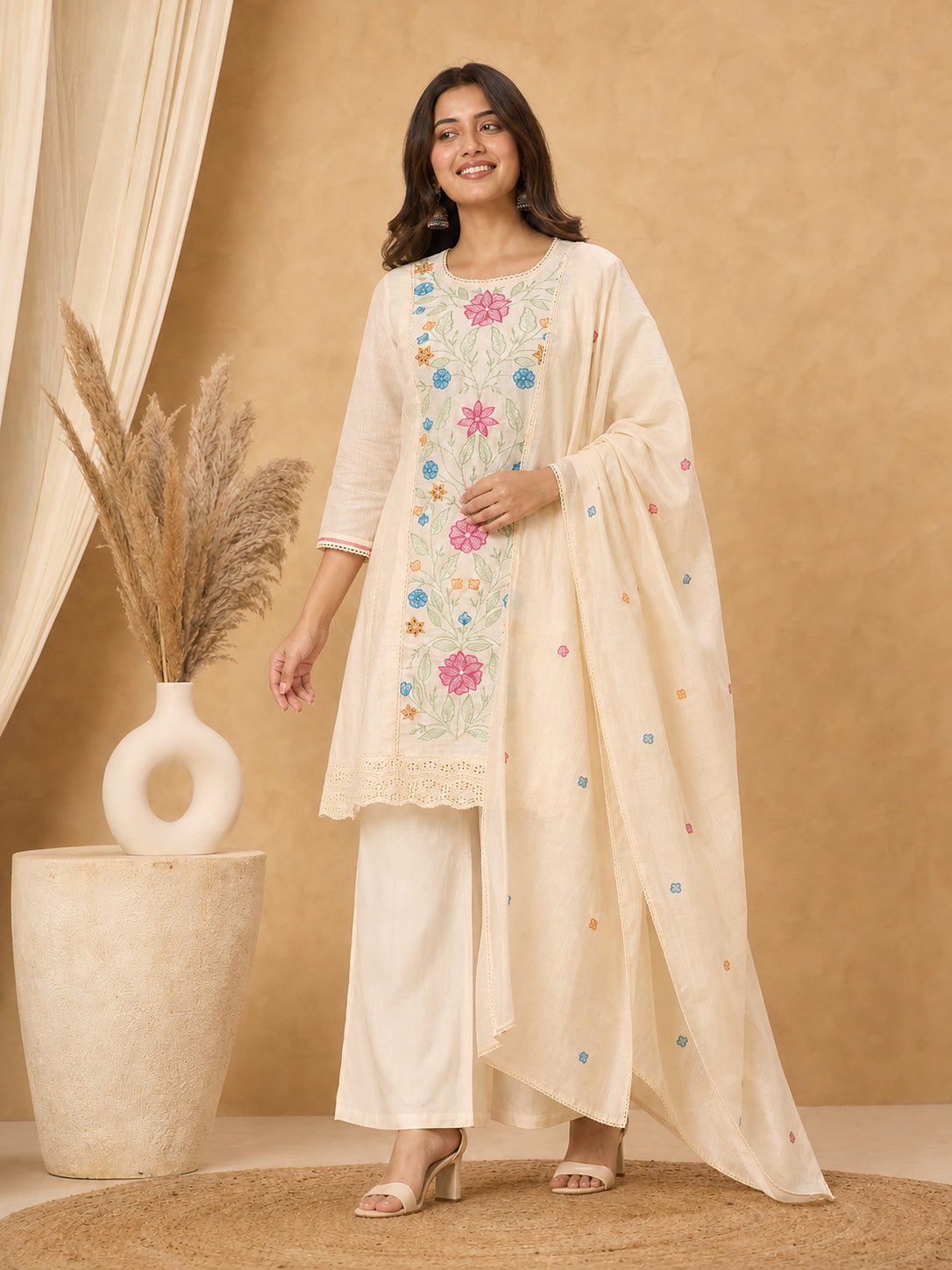 Peachmode Cream Chanderi Floral Embroidered Salwar Suit - Image 3