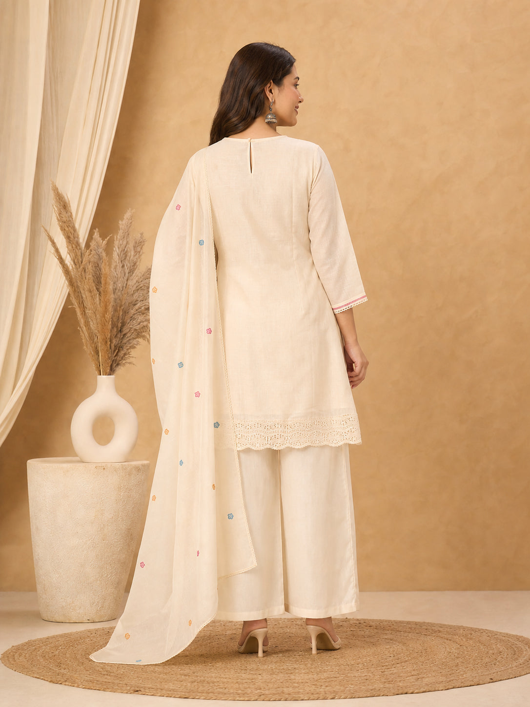 Peachmode Cream Chanderi Floral Embroidered Salwar Suit - Image 5