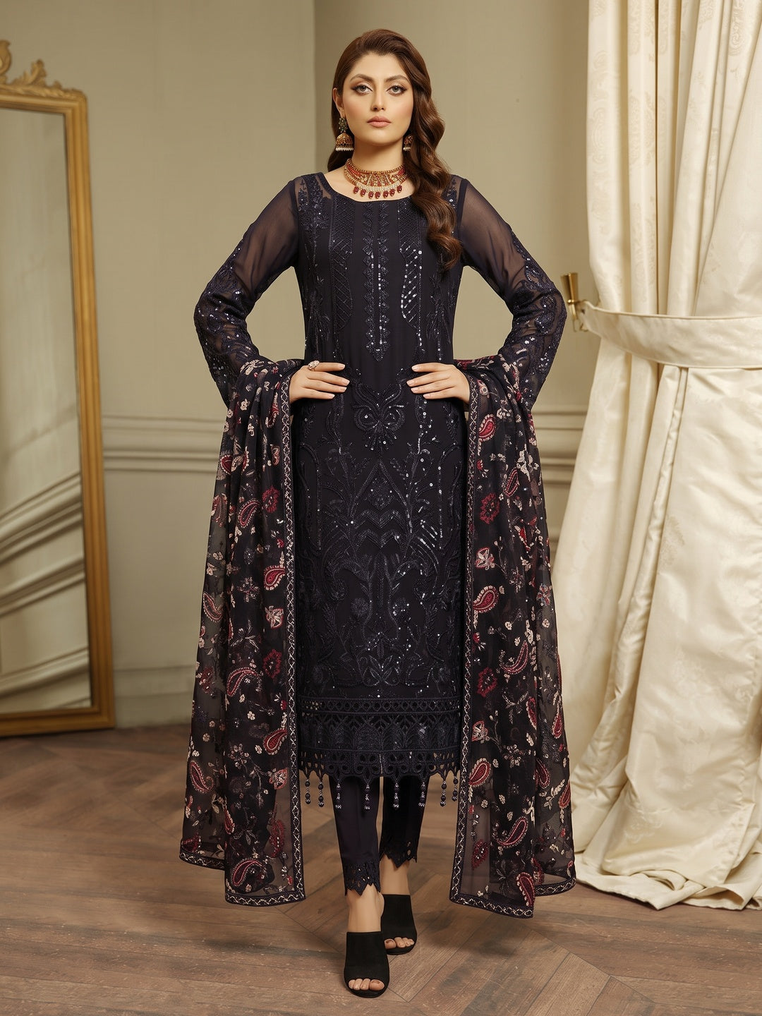 Black Embroidered Georgette Semi Stitched Pakistani Suit - Image 1