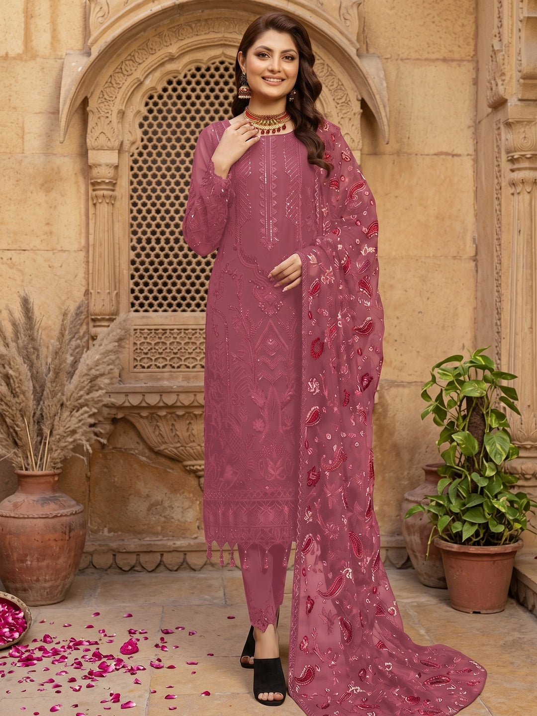 Mauve Embroidered Georgette Semi Stitched Pakistani Suit - Image 1