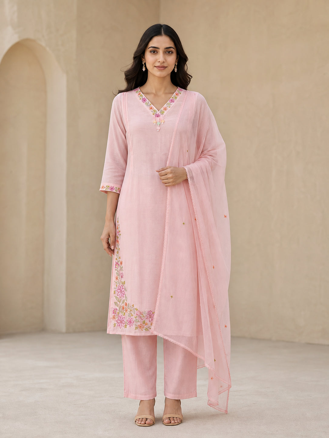 Peachmode Pink Chanderi Floral Embroidered Salwar Suit - Image 1