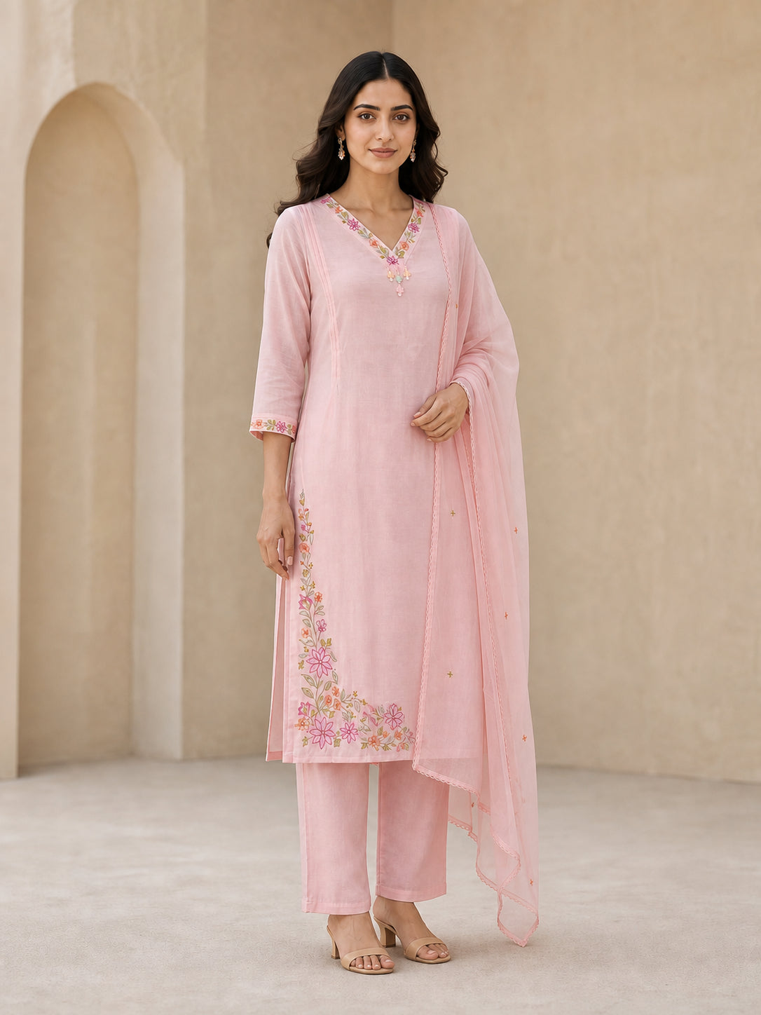 Peachmode Pink Chanderi Floral Embroidered Salwar Suit - Image 2