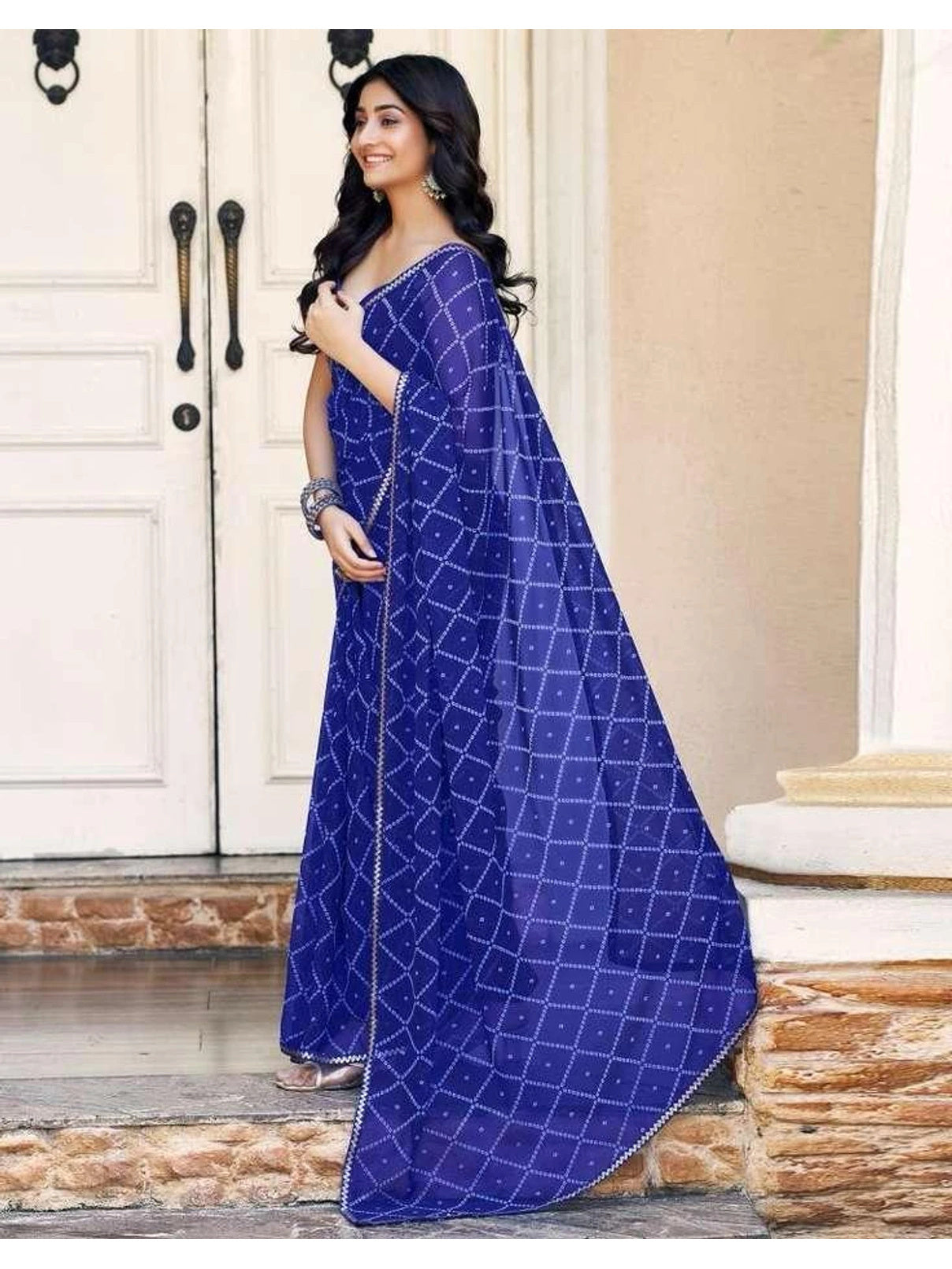 Peachmode Blue Georgette Bandhani Saree with Sequins Lace Border - Image 2