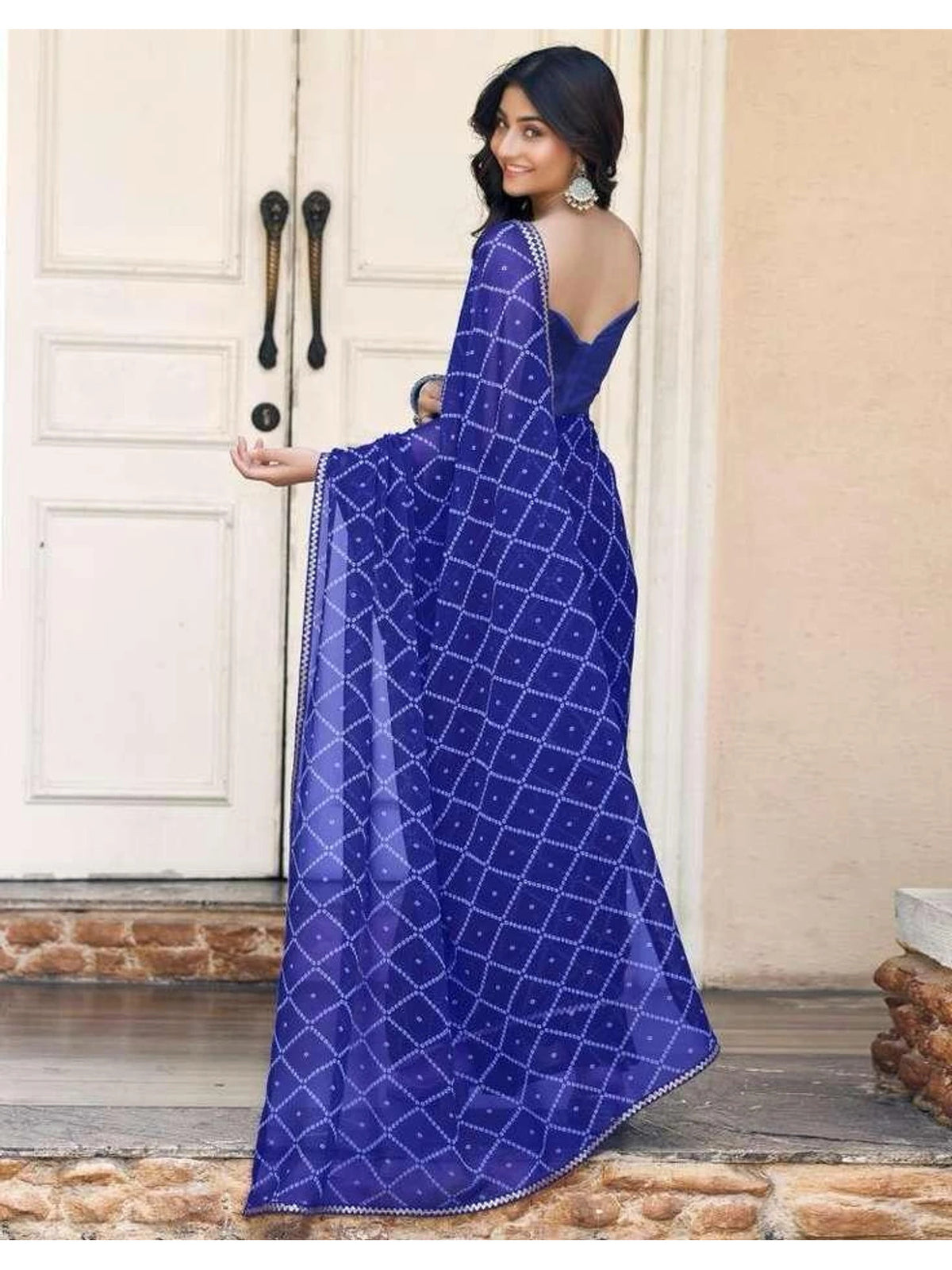 Peachmode Blue Georgette Bandhani Saree with Sequins Lace Border - Image 8