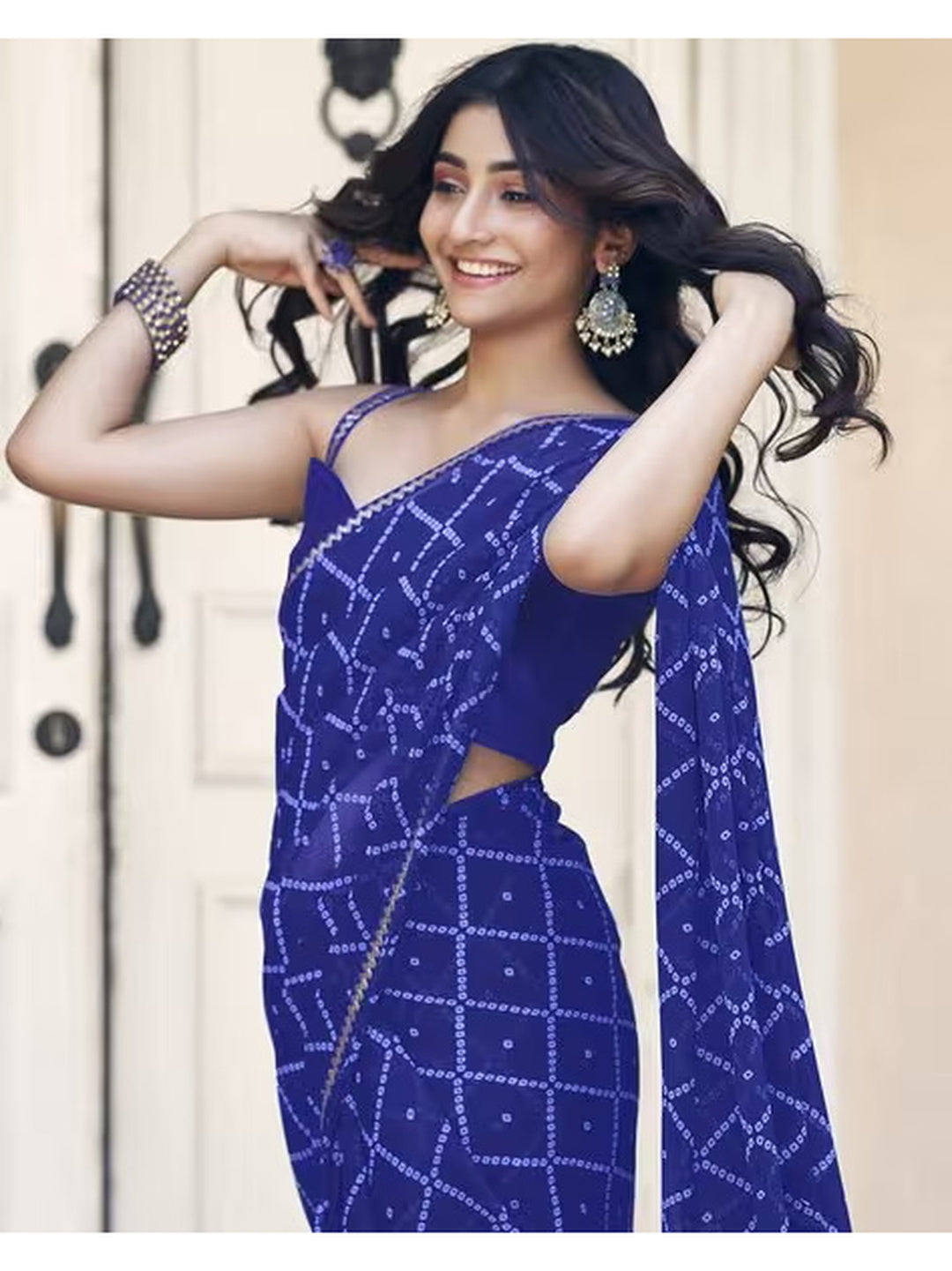 Peachmode Blue Georgette Bandhani Saree with Sequins Lace Border - Image 4
