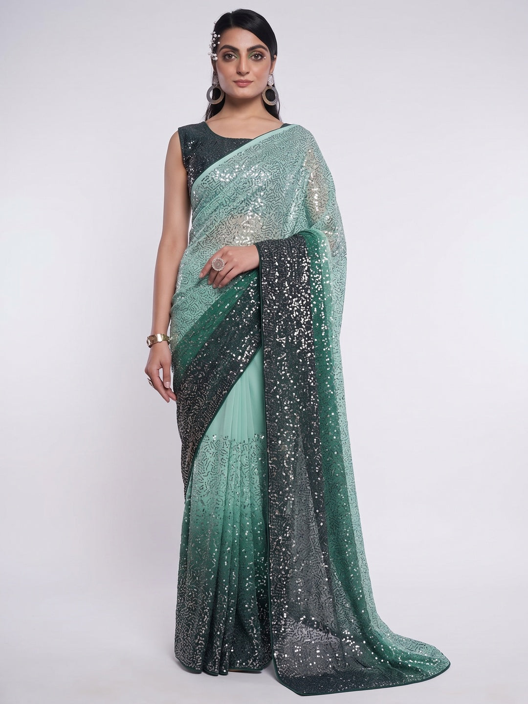 Green Sequins Embroidered Georgette Saree - Image 1