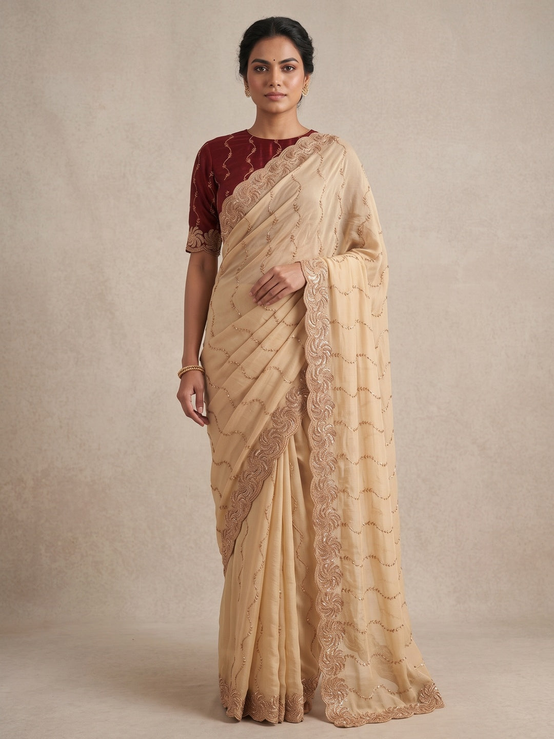 Graceful Cream Beads Embellished Georgette Saree With Floral Embroidery Detailing - Image 3