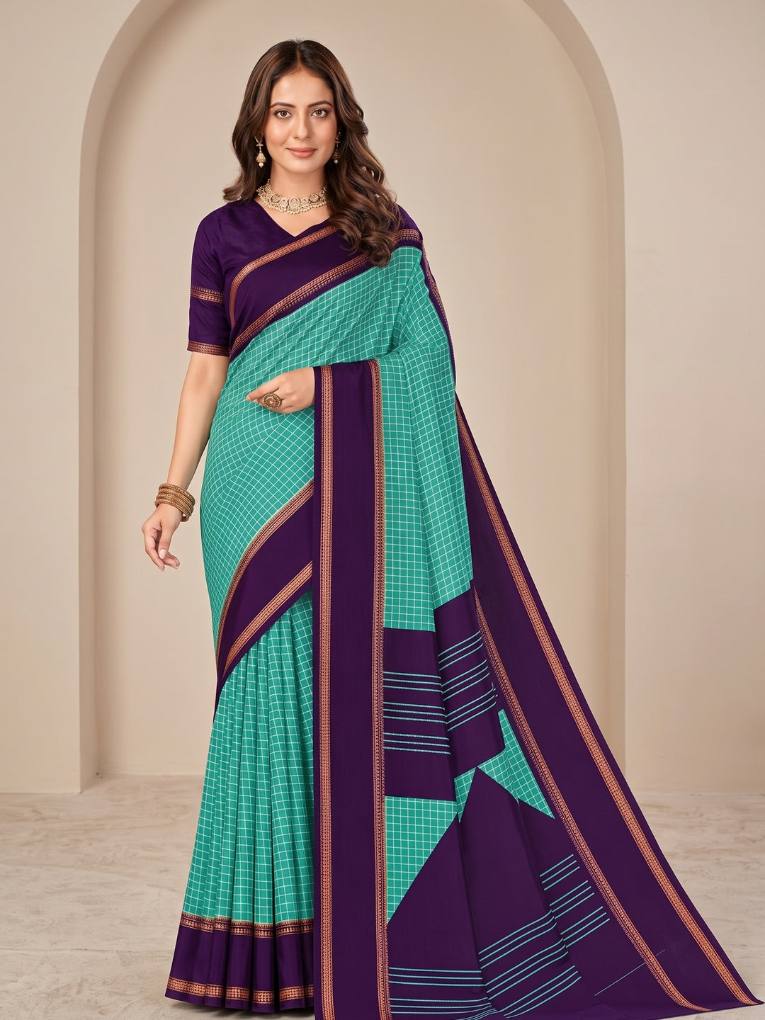Peachmode Turquoise Tussar Saree with Checked - Image 2