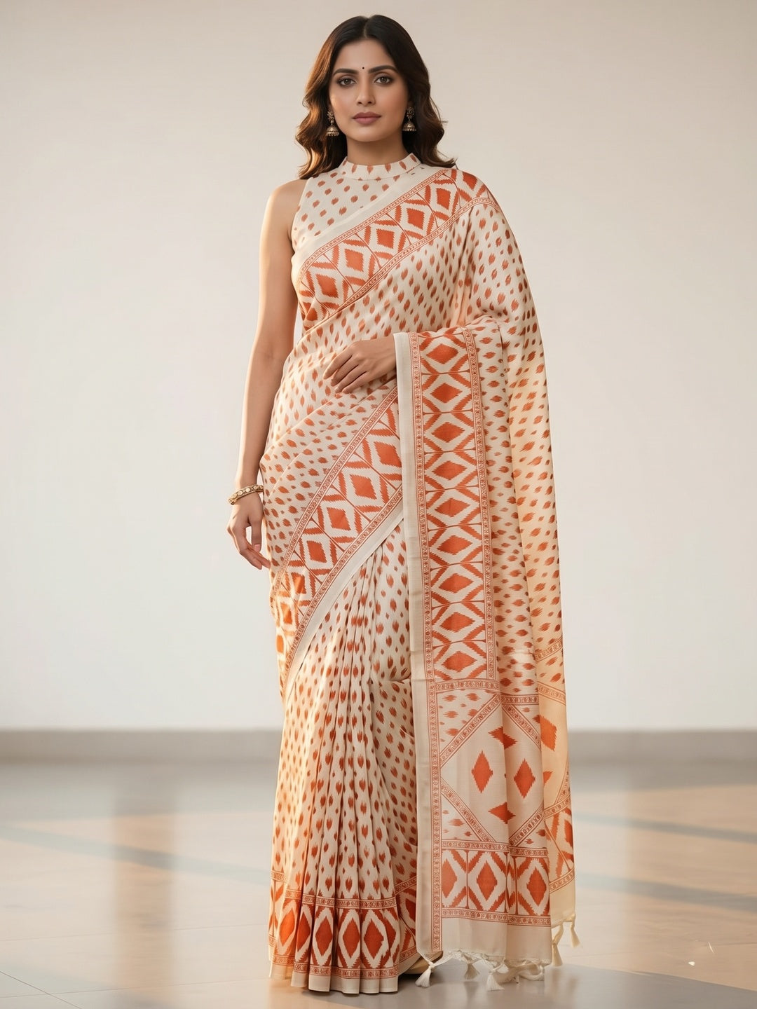 Elegant Cream Mysore Silk Saree with Ikkat Print - Image 3