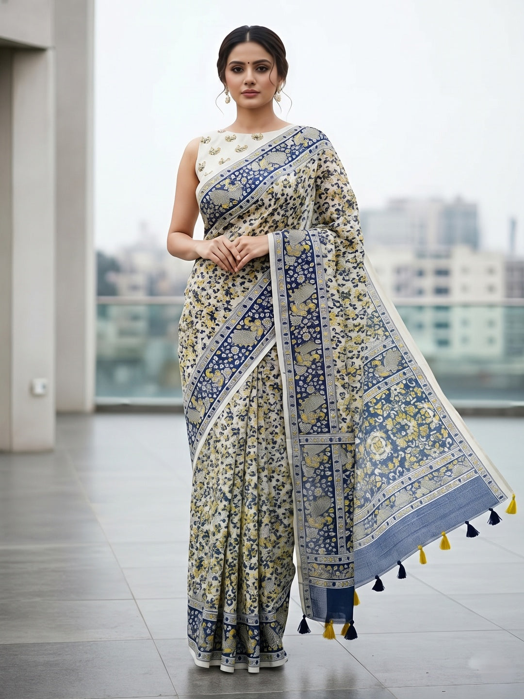 Elegant Multicolor Mysore Silk Saree with Floral Printed Peacock Motif Border - Image 3