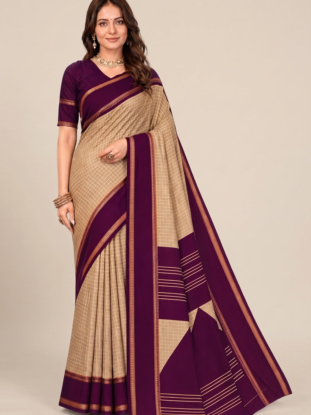 Peachmode Beige Tussar Saree with Checked - Image 2