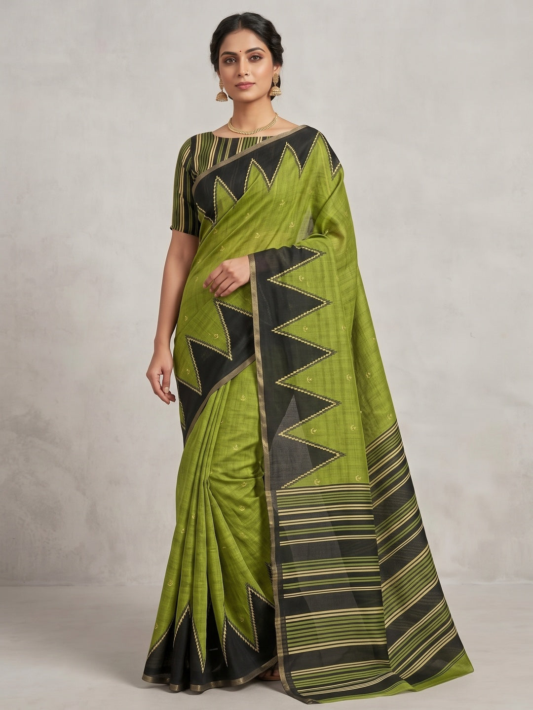 Luxury Green Zig Zag & Striped Printed Chanderi Silk Saree With Weaving Border - Image 7
