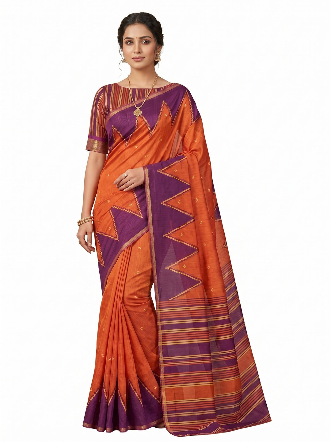 Luxury Orange Zig Zag & Striped Printed Chanderi Silk Saree With Weaving Border - Image 3
