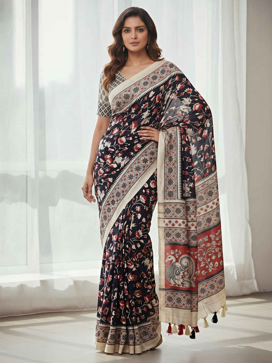 Elegant Black Mysore Silk Saree with Floral Print and Peacock Border - Image 3