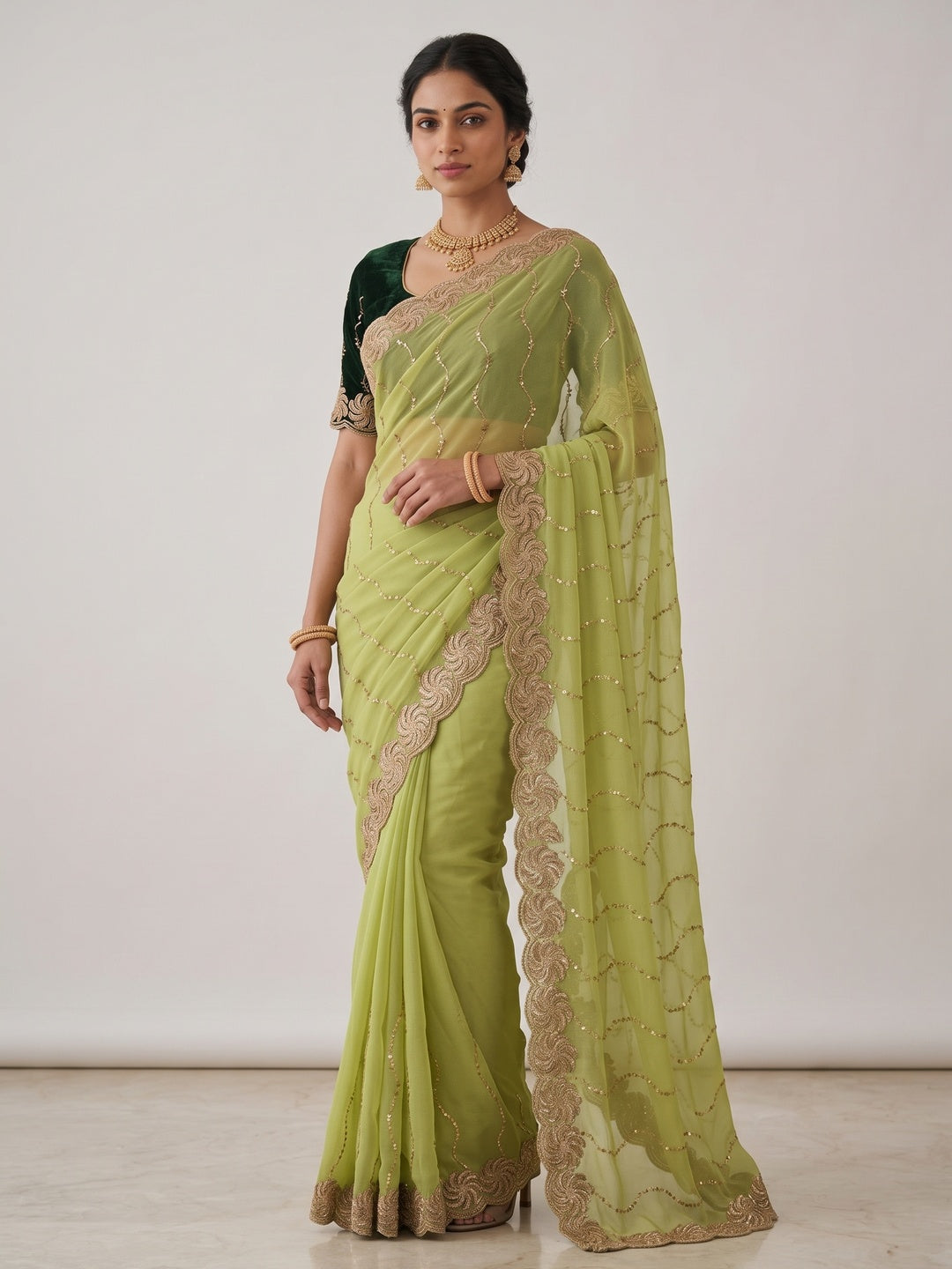 Graceful Green Beads Embellished Georgette Saree With Floral Embroidery Detailing - Image 3