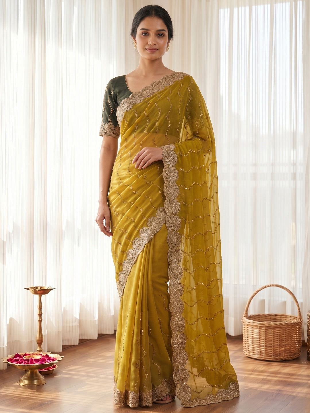 Graceful Dark Mustard Beads Embellished Georgette Saree With Floral Embroidery Detailing - Image 3
