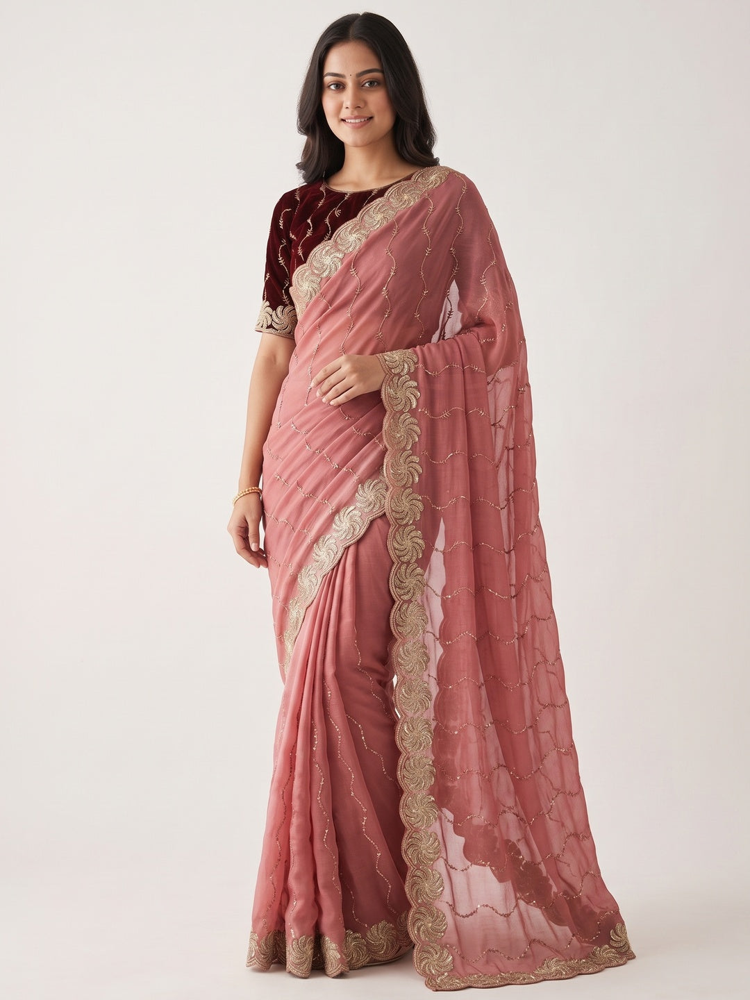 Graceful Gajari Pink Beads Embellished Georgette Saree With Floral Embroidery Detailing - Image 3