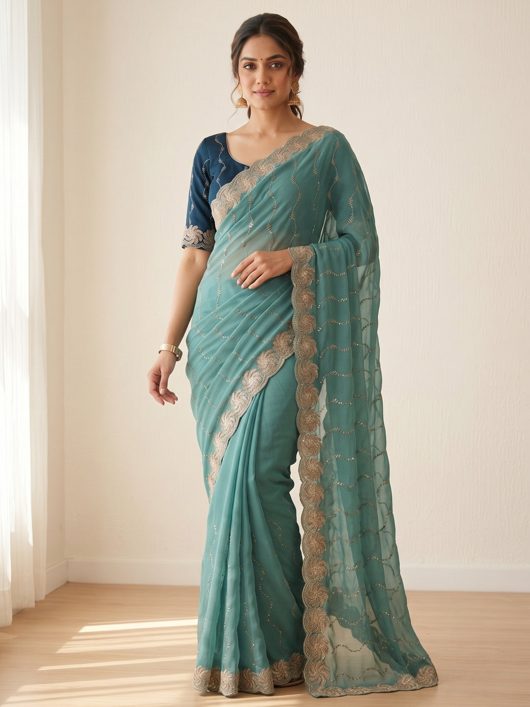Graceful Turquoise Beads Embellished Georgette Saree With Floral Embroidery Detailing - Image 3