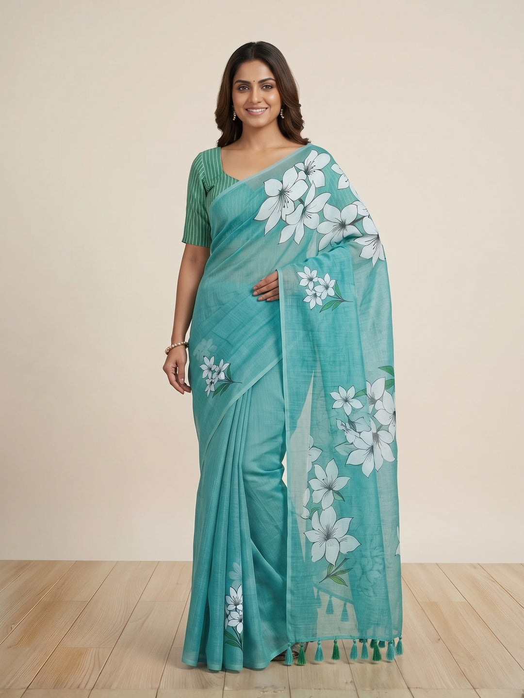 Refreshing Turquoise Floral Printed Linen Saree Styled With Elegant Tassel Pallu - Image 3