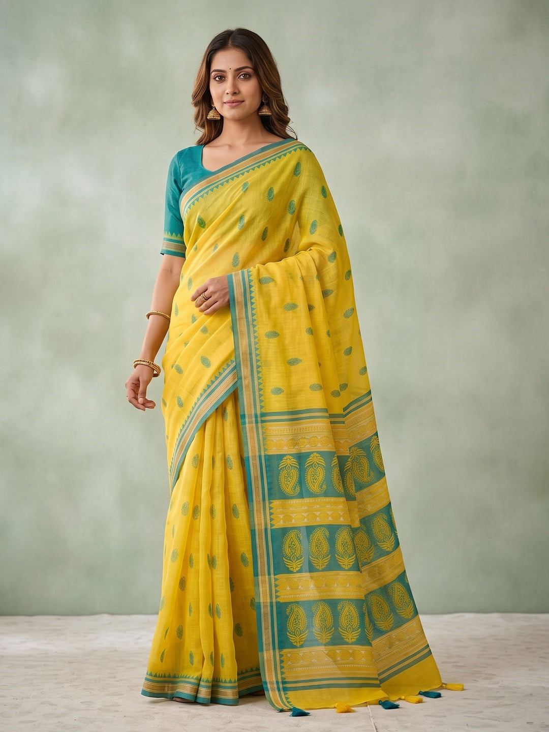 Elegant Yellow Linen Saree with Teal Border - Traditional Indian Wear - Image 3