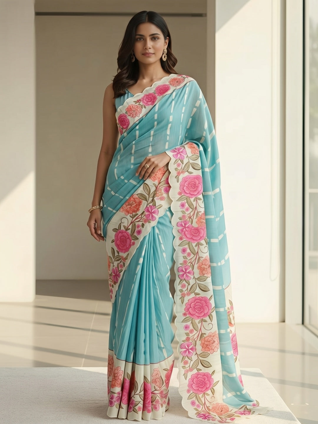 Elegant Blue Tussar Silk Saree with Floral Print and Scalloped Border - Image 3