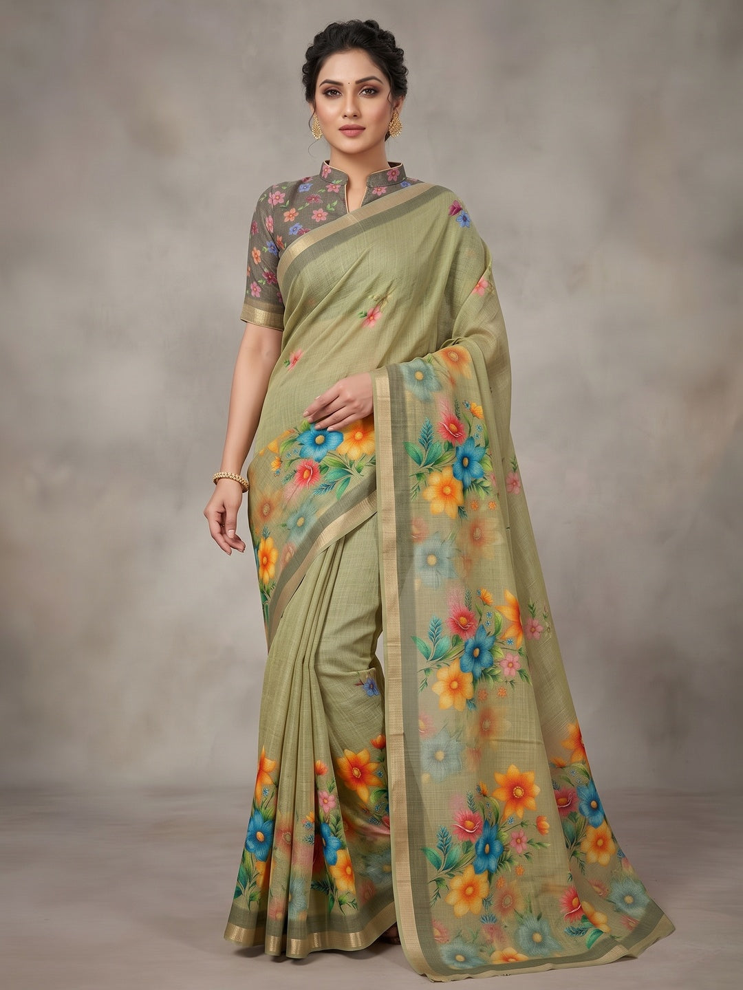 Elegant Green Linen Saree with Floral Print and Border Detail - Image 7