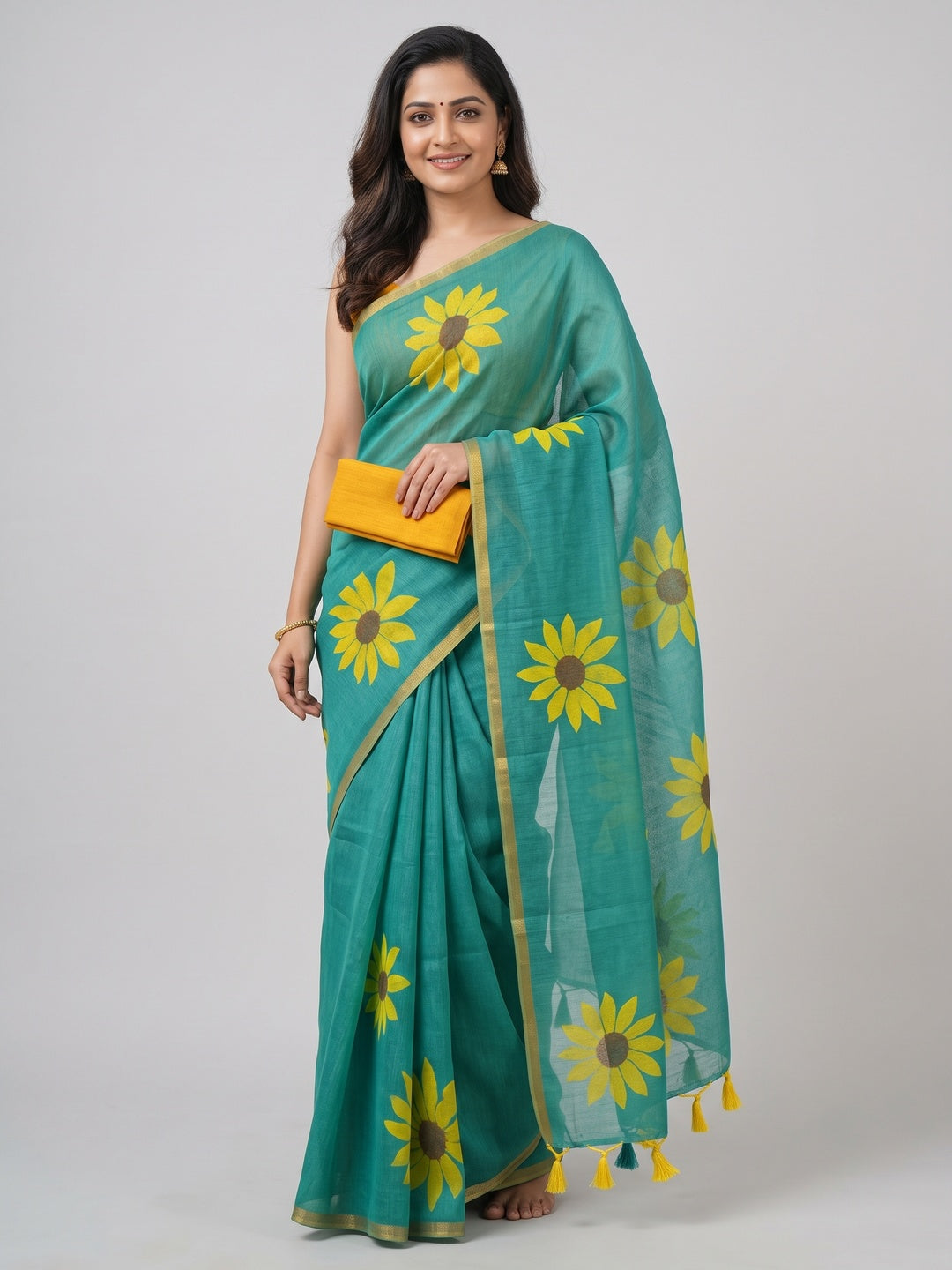 Rama Blue Linen Saree with Sunflower Print and Golden Border - Image 3