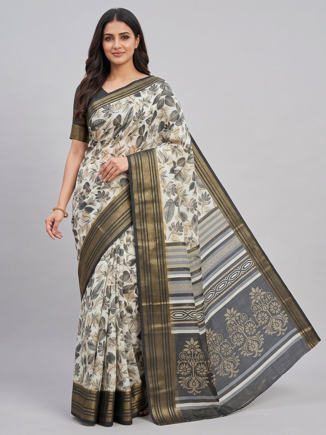 Classic Offwhite Floral Printed Dola Silk Saree Featuring Intricate Weaving Border Work - Image 3