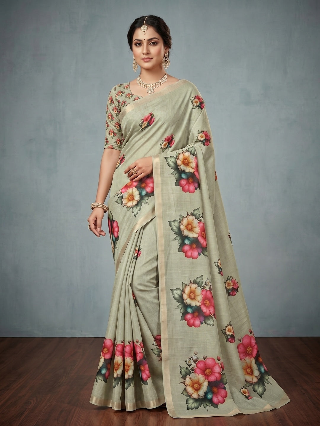 Sophisticated Sage Green Floral Printed Linen Saree With Fine Zari Border - Image 3
