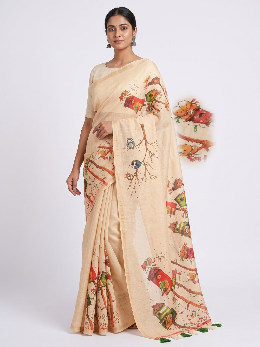 Peachmode Cream Linen Cotton Saree with Ethnic Print - Image 3