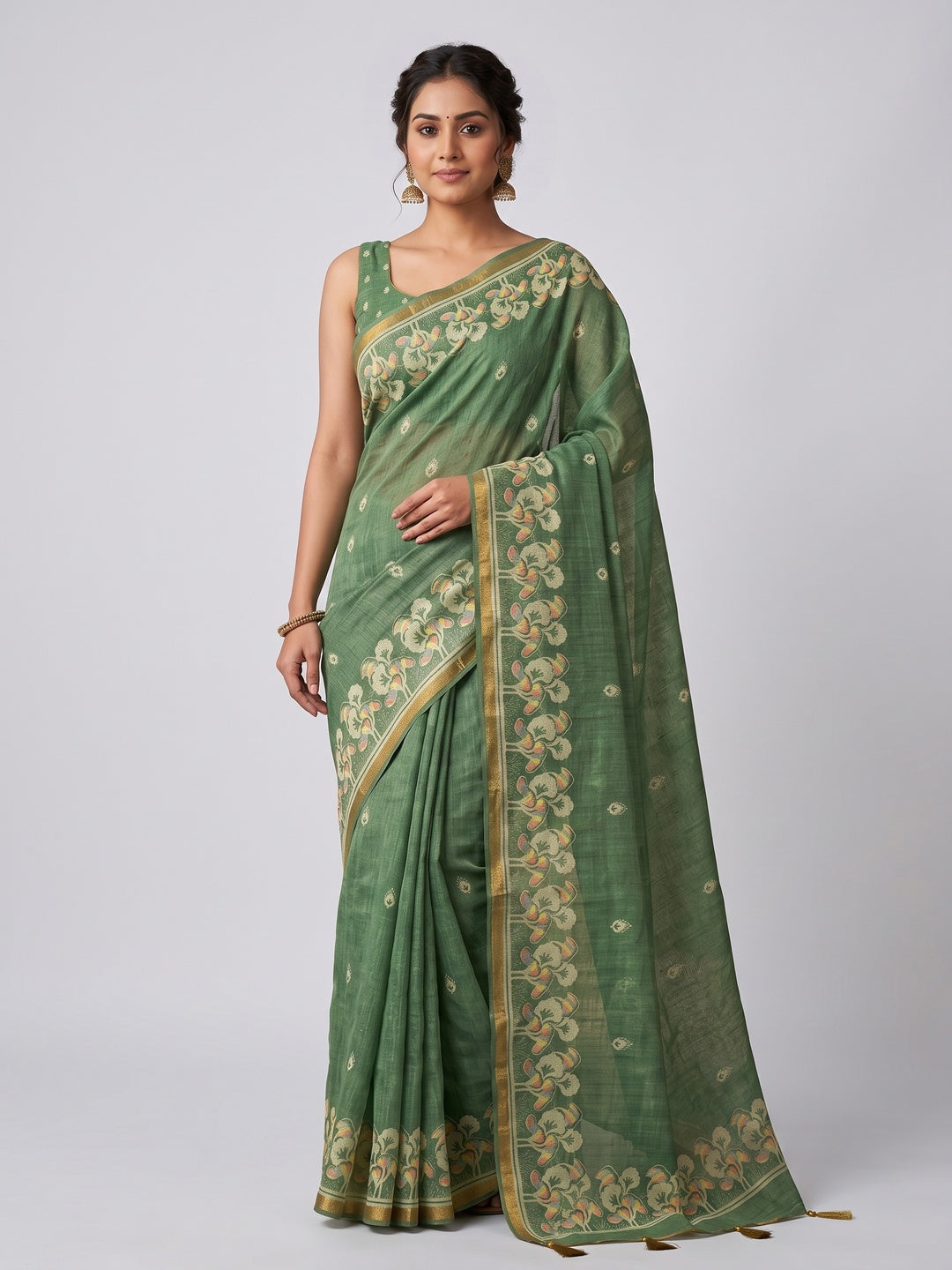 Elegant Green Linen Saree with Floral Border Print - Image 6