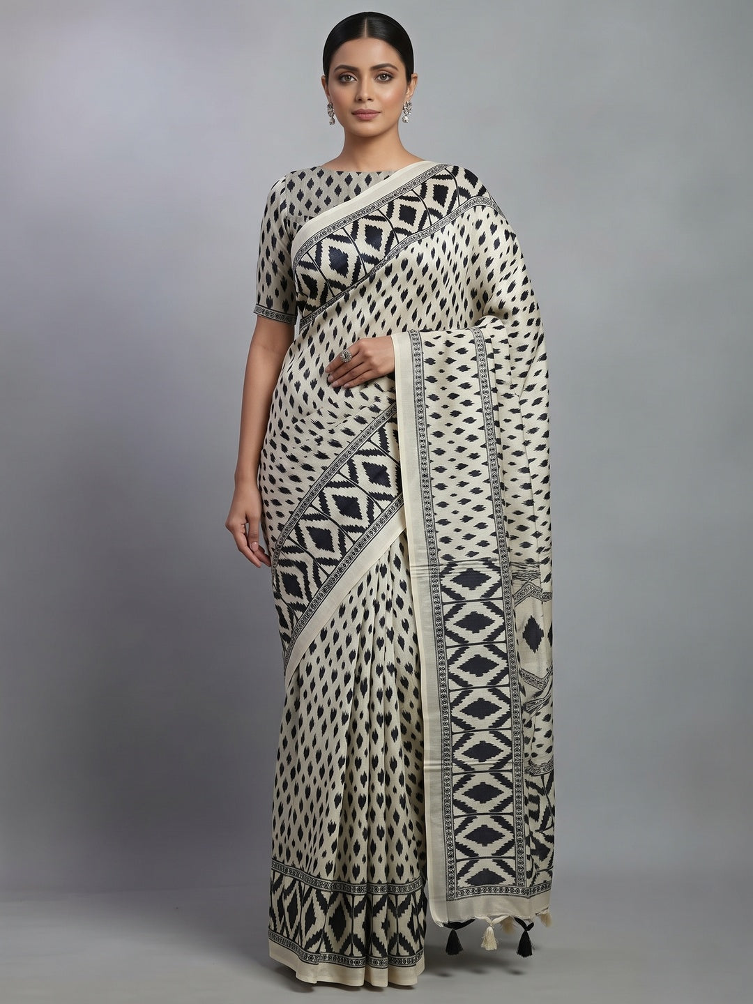 Cream Ikkat Print Mysore Silk Saree - Image 3