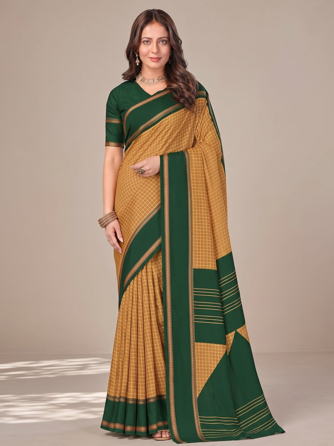 Peachmode Green Tussar Saree with Checked - Image 2